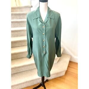 Vintage Sage Green Silk Tortoiseshell Button Long Sleeve Shirt Dress